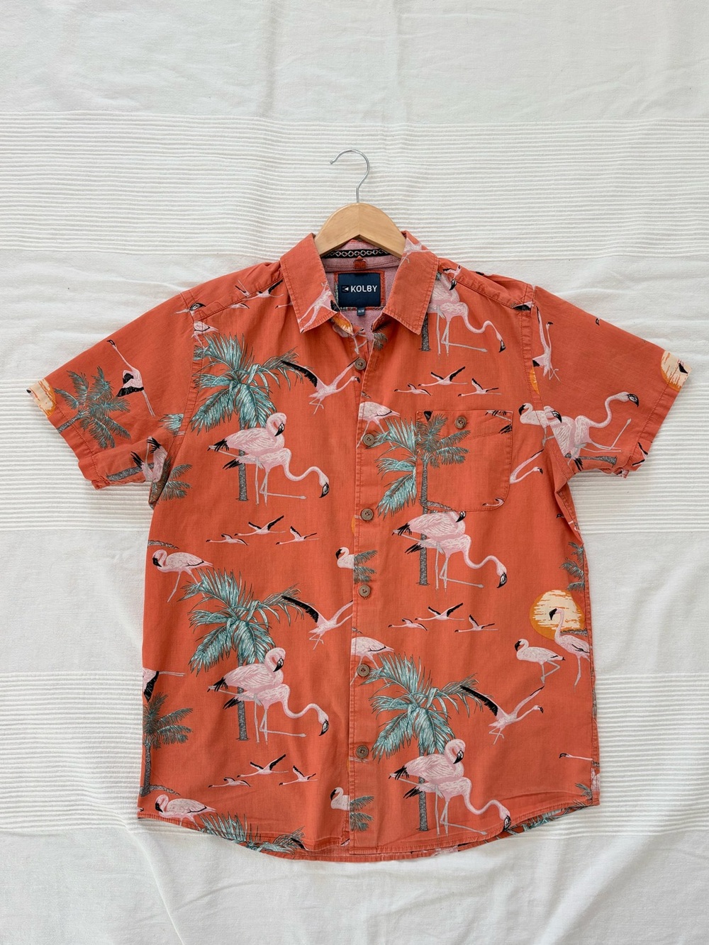Men's Flamingo Print Short Sleeve Button Down Shirt - Picture 2 of 13